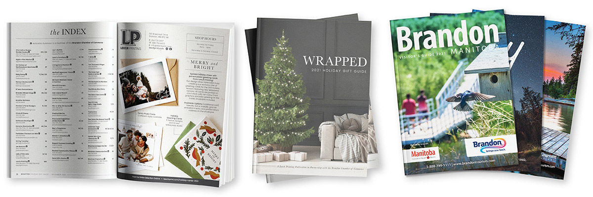 Samples of publications produced by Leech Group - annual Wrapped holiday gift guide and the Brandon Visitor's Guide