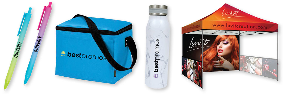 A set of branded pens, nylon tote bag, metal water bottle, and canvas tent